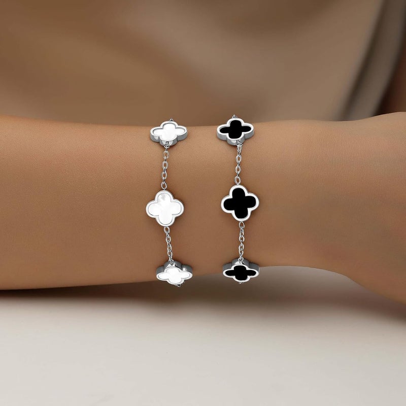 HAITTY 18K Gold Plated Clover Bracelet Set for Women White/Black/Gold/Silver/Green/Pink Adjustable Link Double-Sided Lucky Bracelets Trendy Bracelets Set Jewelry Gifts for Women Men - Image 2